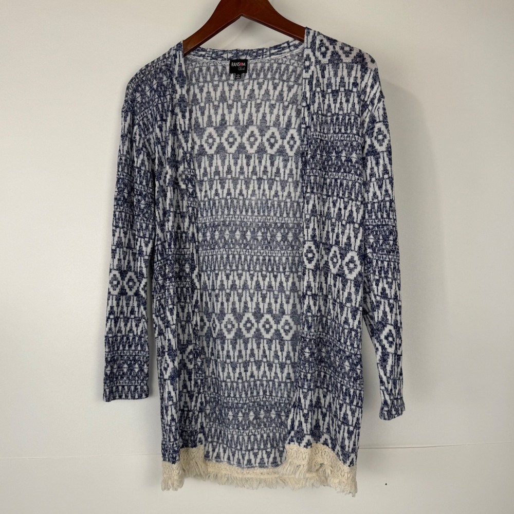 Ransom Girl Cardigan Women XL Blue Geometric Boho Fringe Open Front Sweater